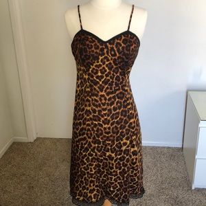 Leopard spaghetti strap slip midi dress with lace